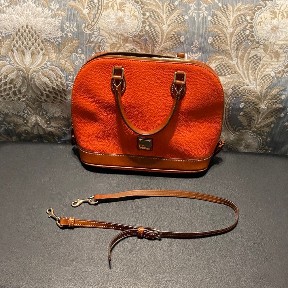 Dooney & Bourke Bright Orange Pebble Leather Dome Satchel with Brown Trim